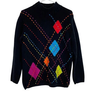 Vintage 90s Argyle Pullover Sweater Mockneck Oversized Womens Size Medium Black